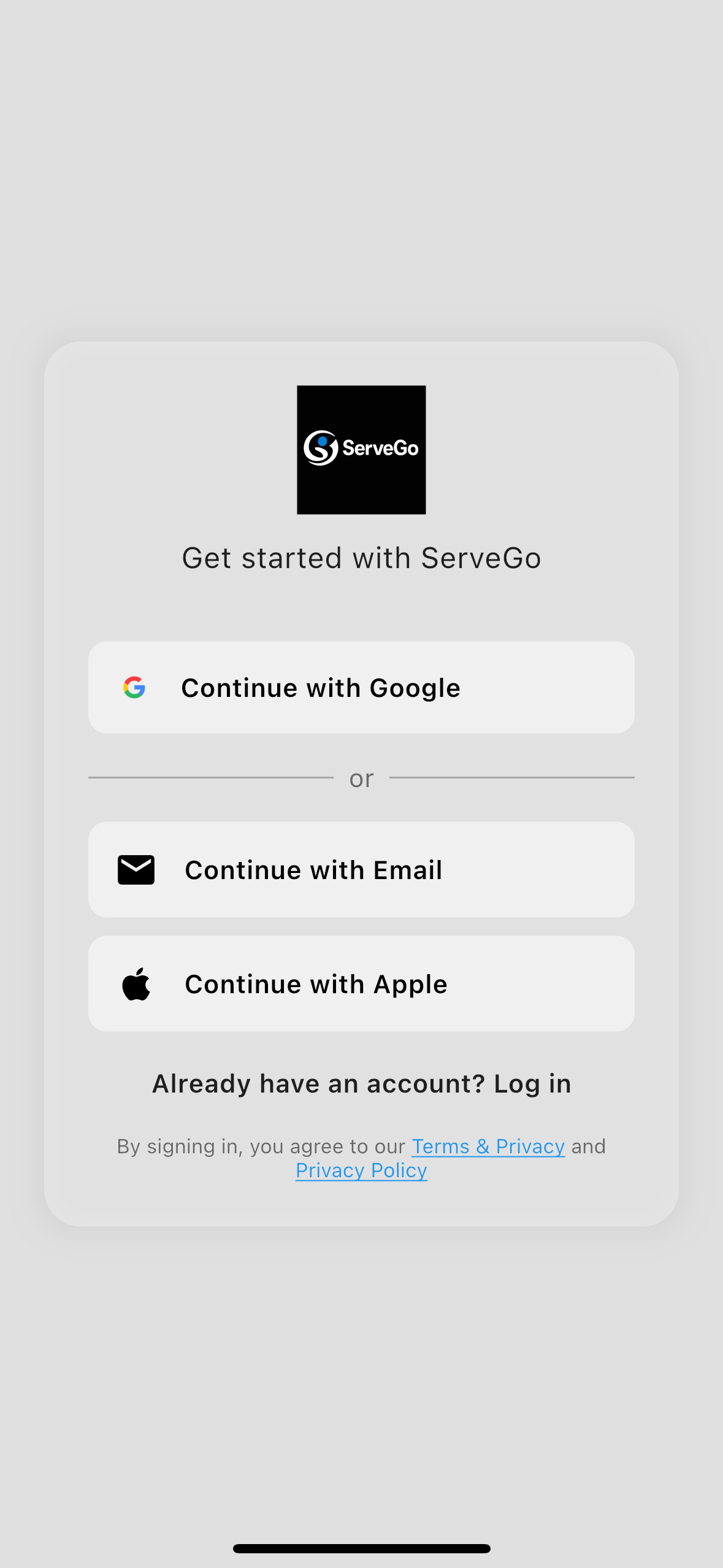 ServeGo app screenshot: sign up